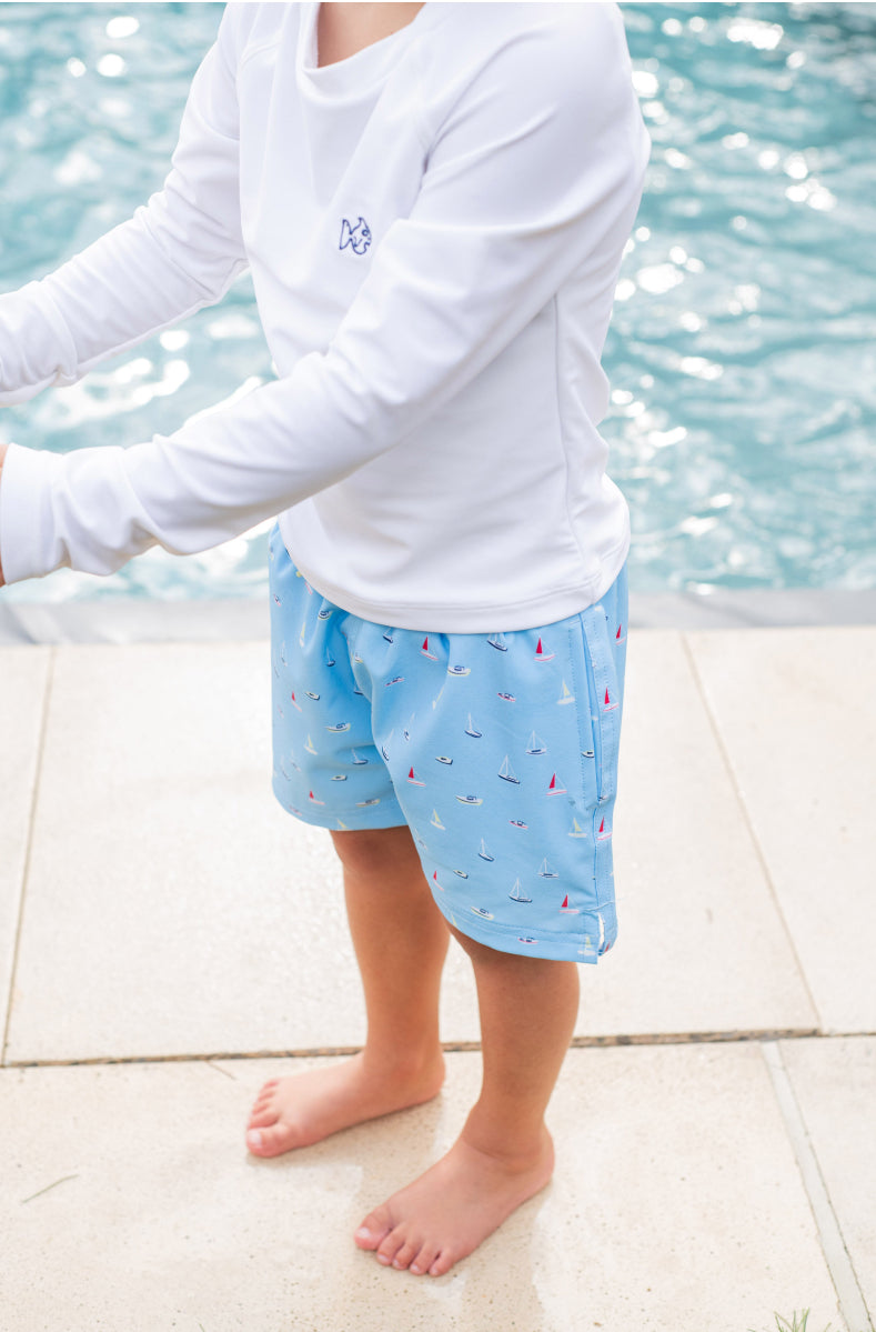 *PREORDER* BOYS BOOGIE BOARD SWIM TRUNKS - BALTIC SEA BOATS IN THE BAY