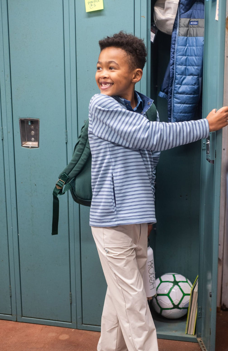 BOYS SPORTY SNAP PULLOVER IN FADED ASHLEY BLUE AND DARK DENIM STRIPE