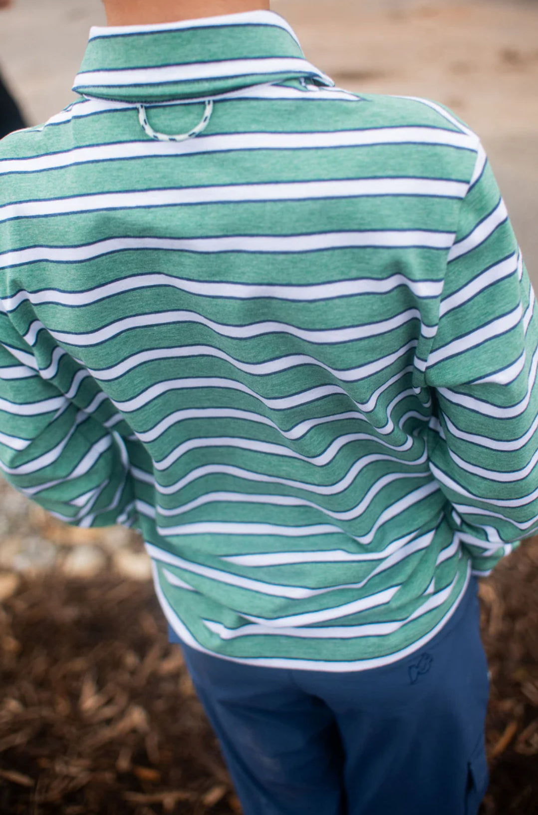 BOYS LONG SLEEVE TOO COOL FOR SCHOOL COTTON POLO IN DARK DENIM AND GREEN SPRUCE STRIPE