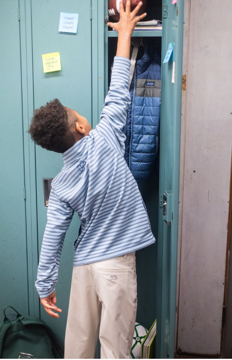 BOYS SPORTY SNAP PULLOVER IN FADED ASHLEY BLUE AND DARK DENIM STRIPE