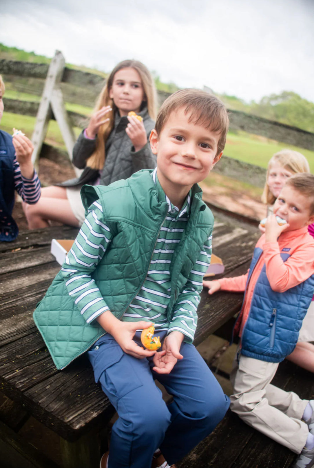 BOYS LONG SLEEVE TOO COOL FOR SCHOOL COTTON POLO IN DARK DENIM AND GREEN SPRUCE STRIPE