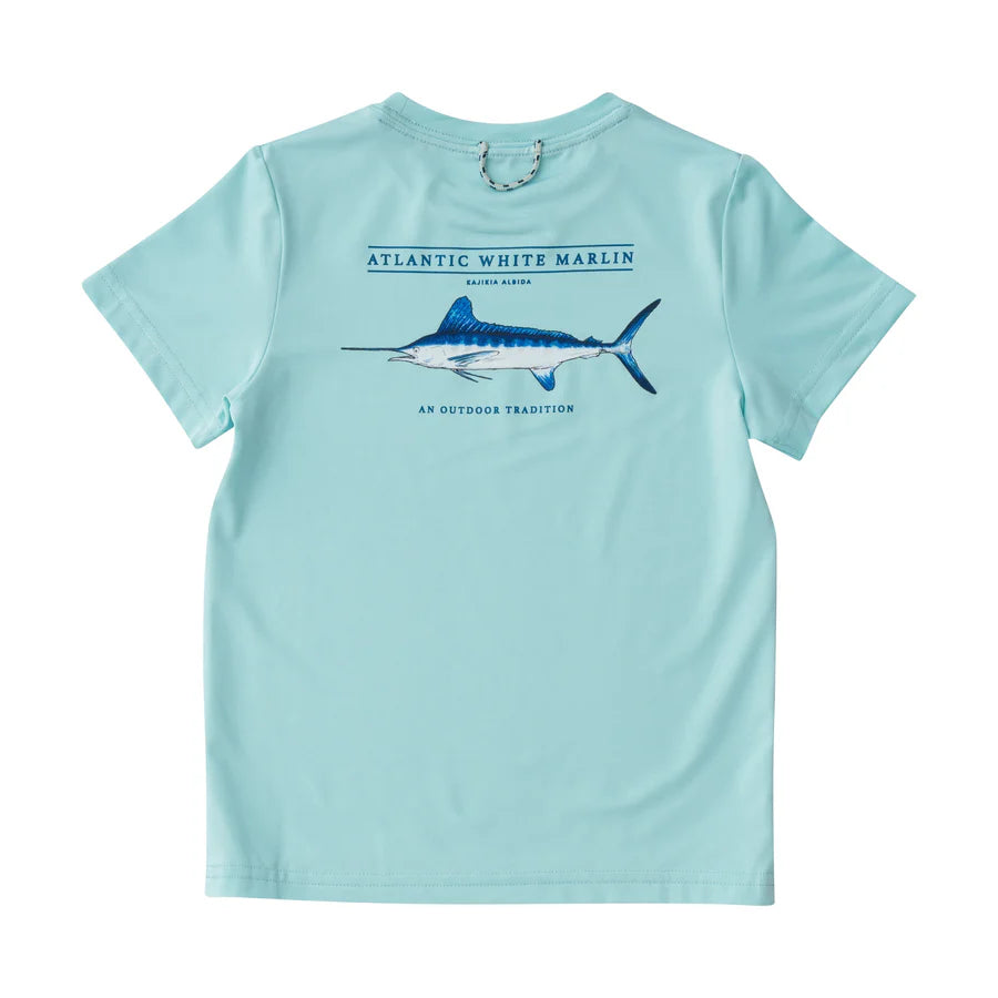 KIDS PRO PERFORMANCE SHORT SLEEVE FISHING T-SHIRT IN WATERSPOUT BLUE WITH WHITE MARLIN FISH