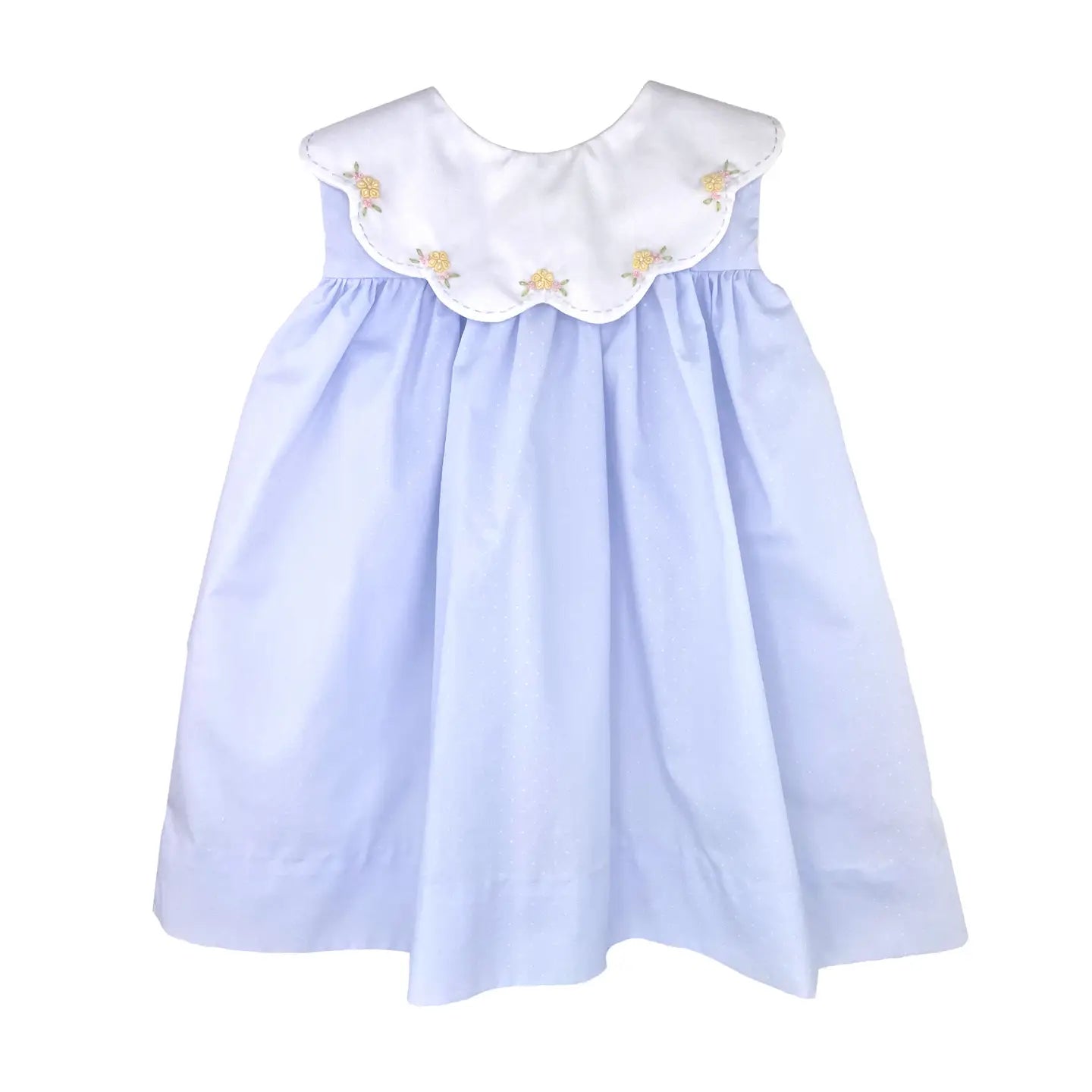 Dress with Embroidered Scallop Collar in Blue Dot Print