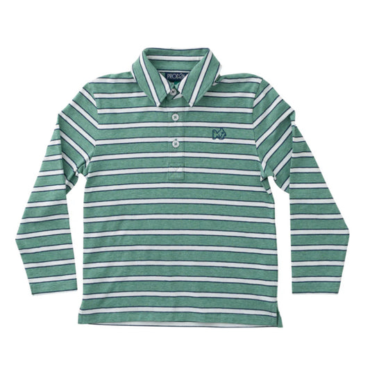 BOYS LONG SLEEVE TOO COOL FOR SCHOOL COTTON POLO IN DARK DENIM AND GREEN SPRUCE STRIPE
