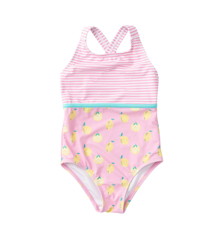 *PREORDER* GIRLS’ BOARDWALK CROSS-BACK SWIMSUIT - PINK FROSTING LEMON PRINT
