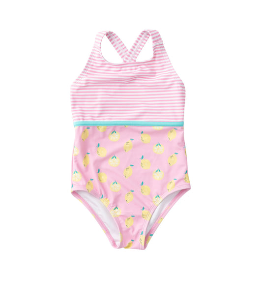 *PREORDER* GIRLS’ BOARDWALK CROSS-BACK SWIMSUIT - PINK FROSTING LEMON PRINT